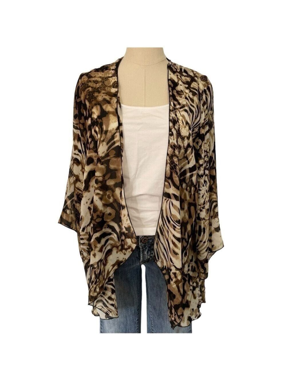 Sunny Leigh Animal Print Kimono Sz L Brown Topper Lightweight Breezy Casual EUC